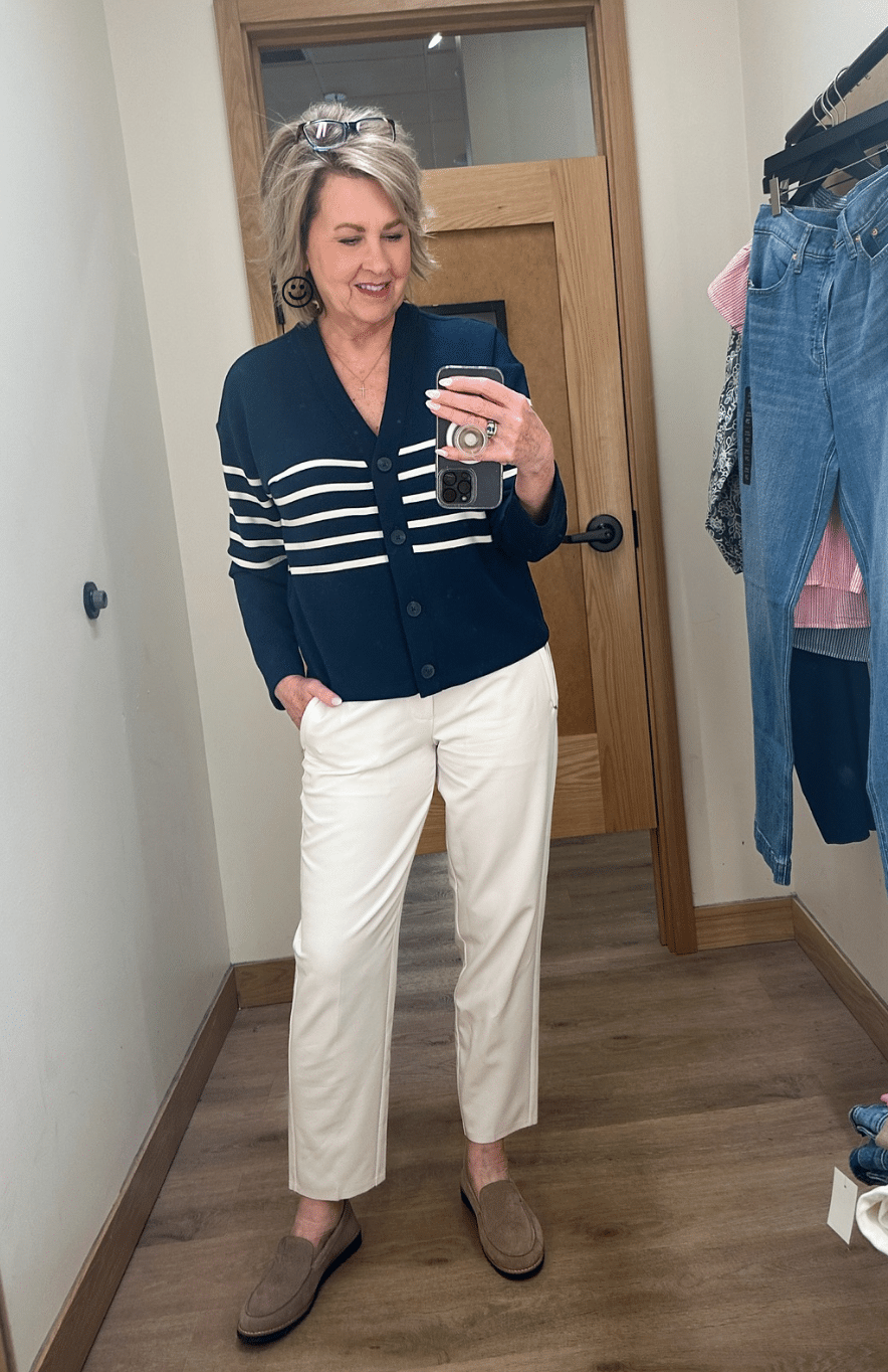 Over 50 blogger, Tania Stephens is showing what she wore this week - a navy & white striped top and white ankle pants